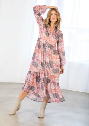 Bohemian Patchwork Print Long Sleeve Maxi Dress