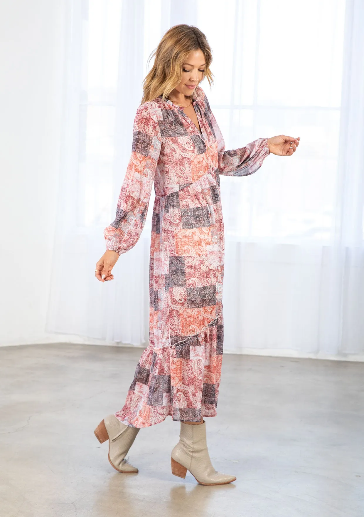 Bohemian Patchwork Print Long Sleeve Maxi Dress