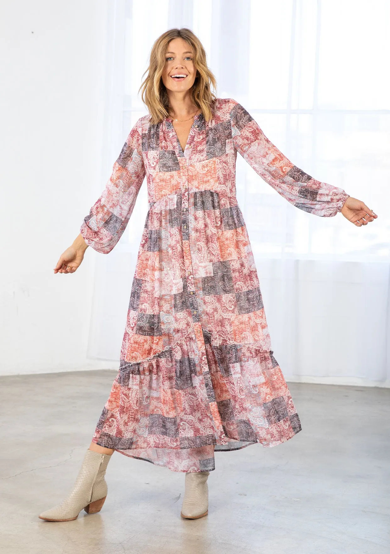 Bohemian Patchwork Print Long Sleeve Maxi Dress