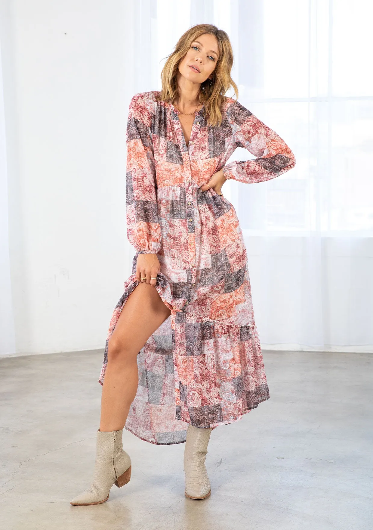 Bohemian Patchwork Print Long Sleeve Maxi Dress