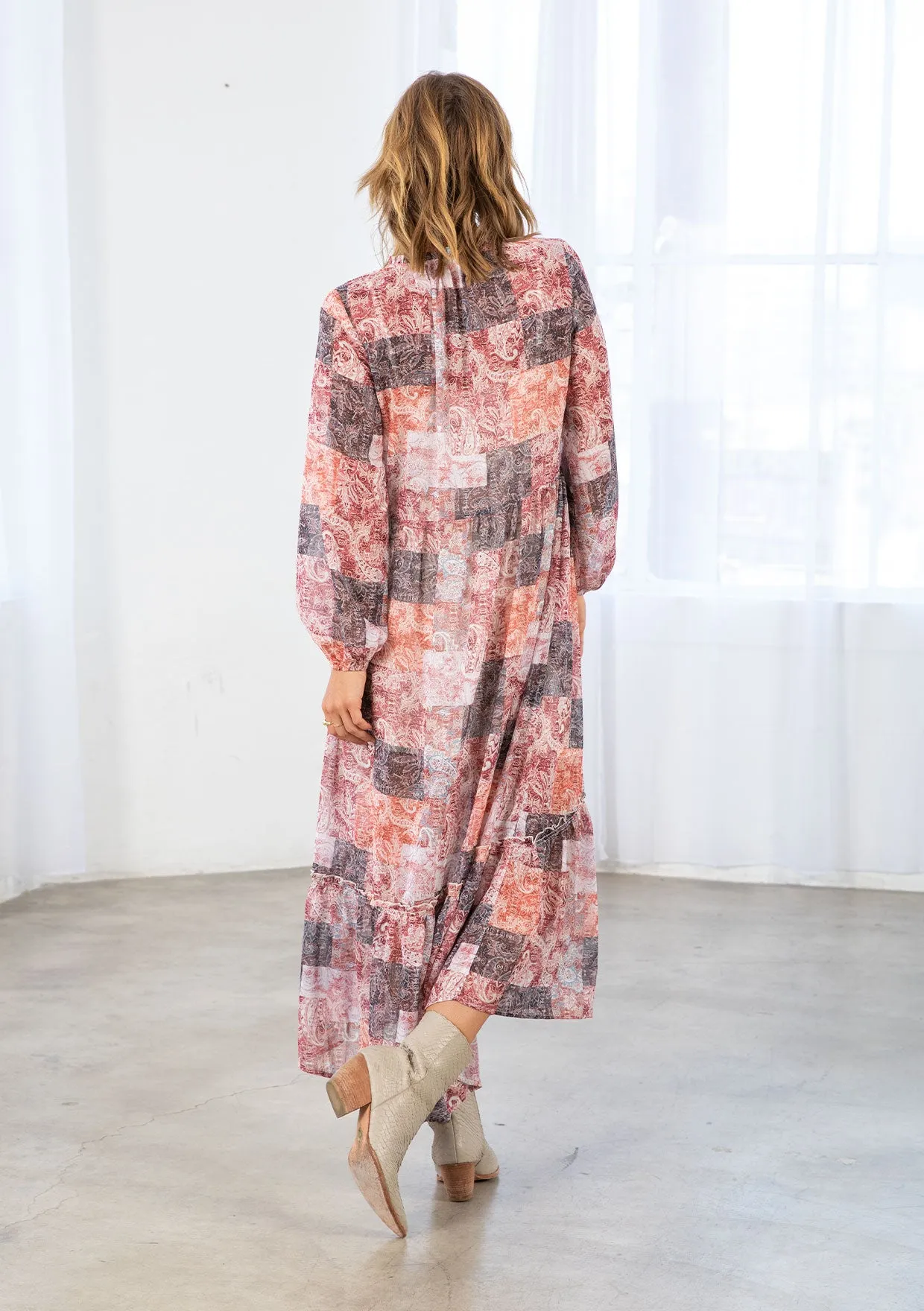 Bohemian Patchwork Print Long Sleeve Maxi Dress