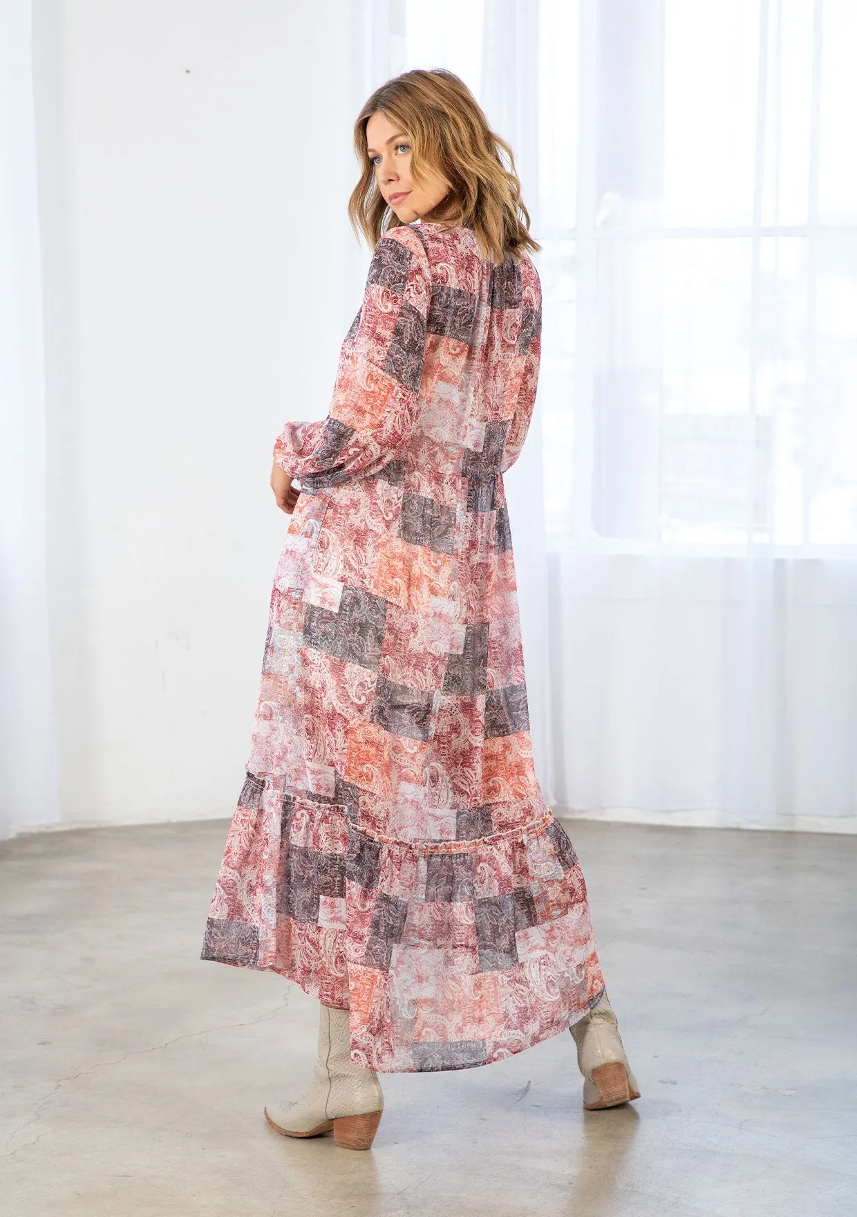 Bohemian Patchwork Print Long Sleeve Maxi Dress