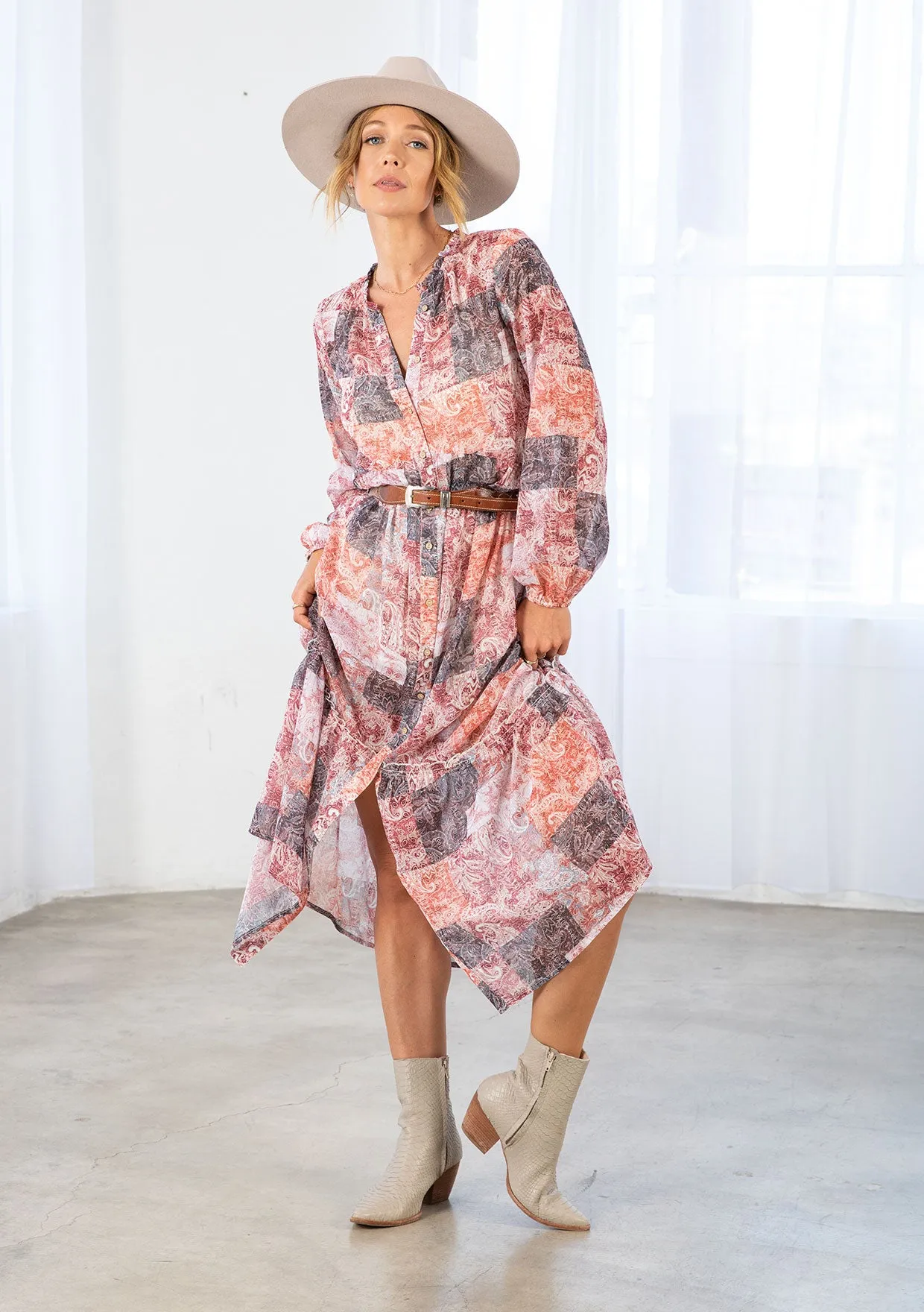 Bohemian Patchwork Print Long Sleeve Maxi Dress