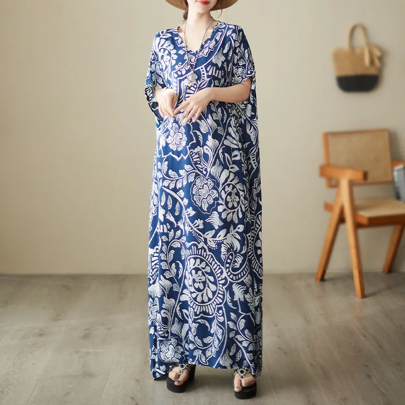 Bohemian Style V-neck Printed Cotton Maxi Dress
