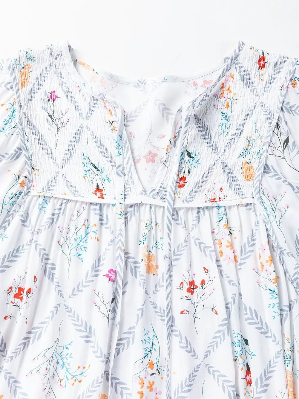 Bohemian White Floral Mini Dress with Puff Sleeves