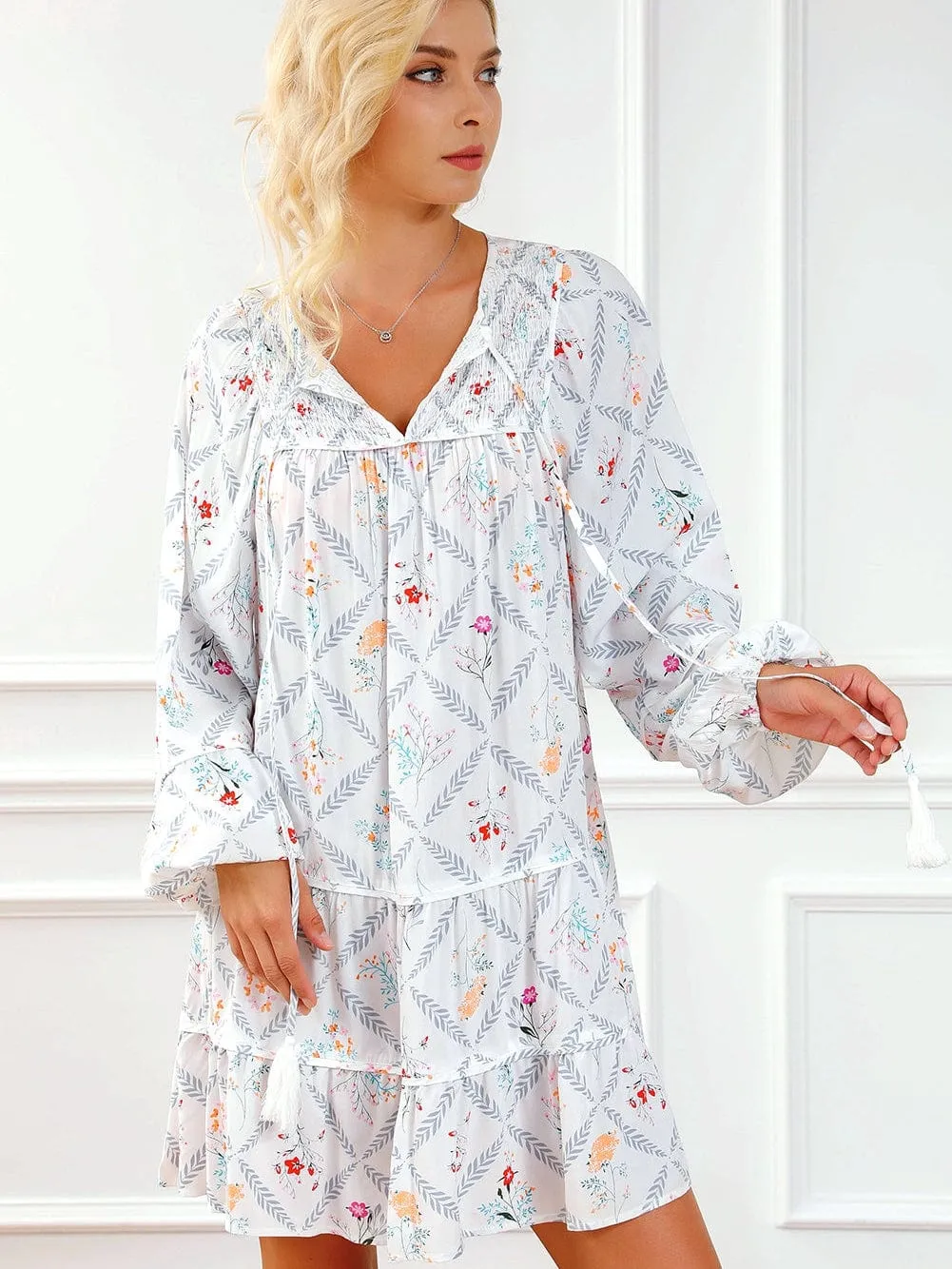 Bohemian White Floral Mini Dress with Puff Sleeves