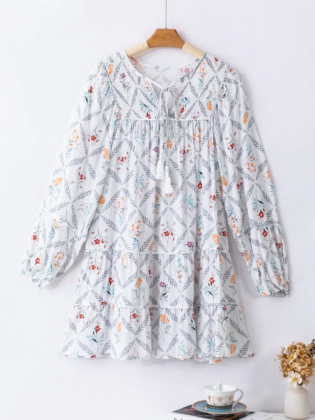 Bohemian White Floral Mini Dress with Puff Sleeves