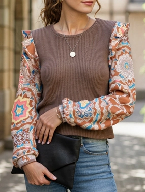 Bohemian Ruffled Floral Sleeves Panelled Knit Pullover Top Compression Fit Elasticated Hem