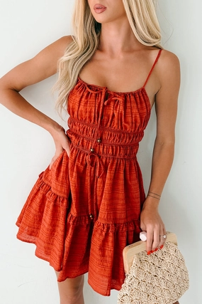 Deeply In Love Striped Ruffle Tier Mini Dress (Brick) Floral design