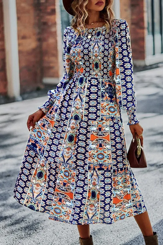 Boho-Boho Print Midi Dress