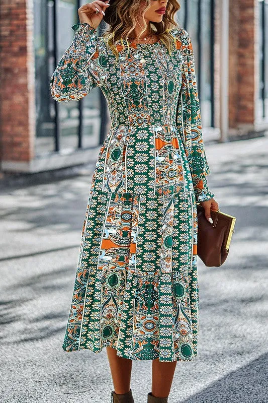 Boho-Boho Print Midi Dress