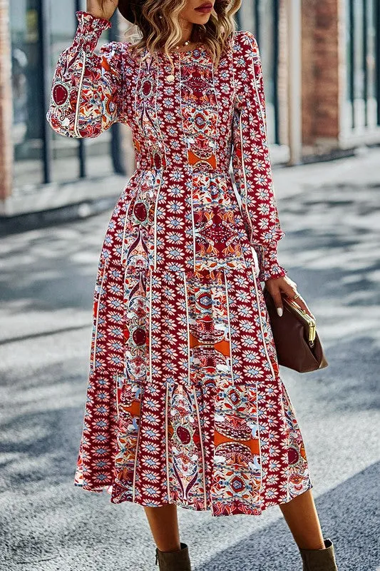 Boho-Boho Print Midi Dress