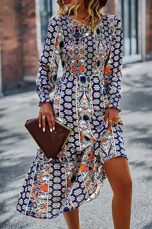 Boho-Boho Print Midi Dress
