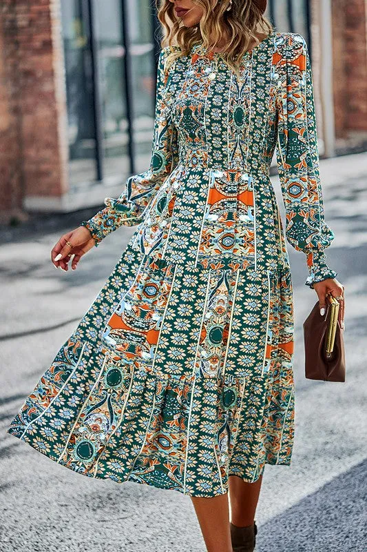 Boho-Boho Print Midi Dress