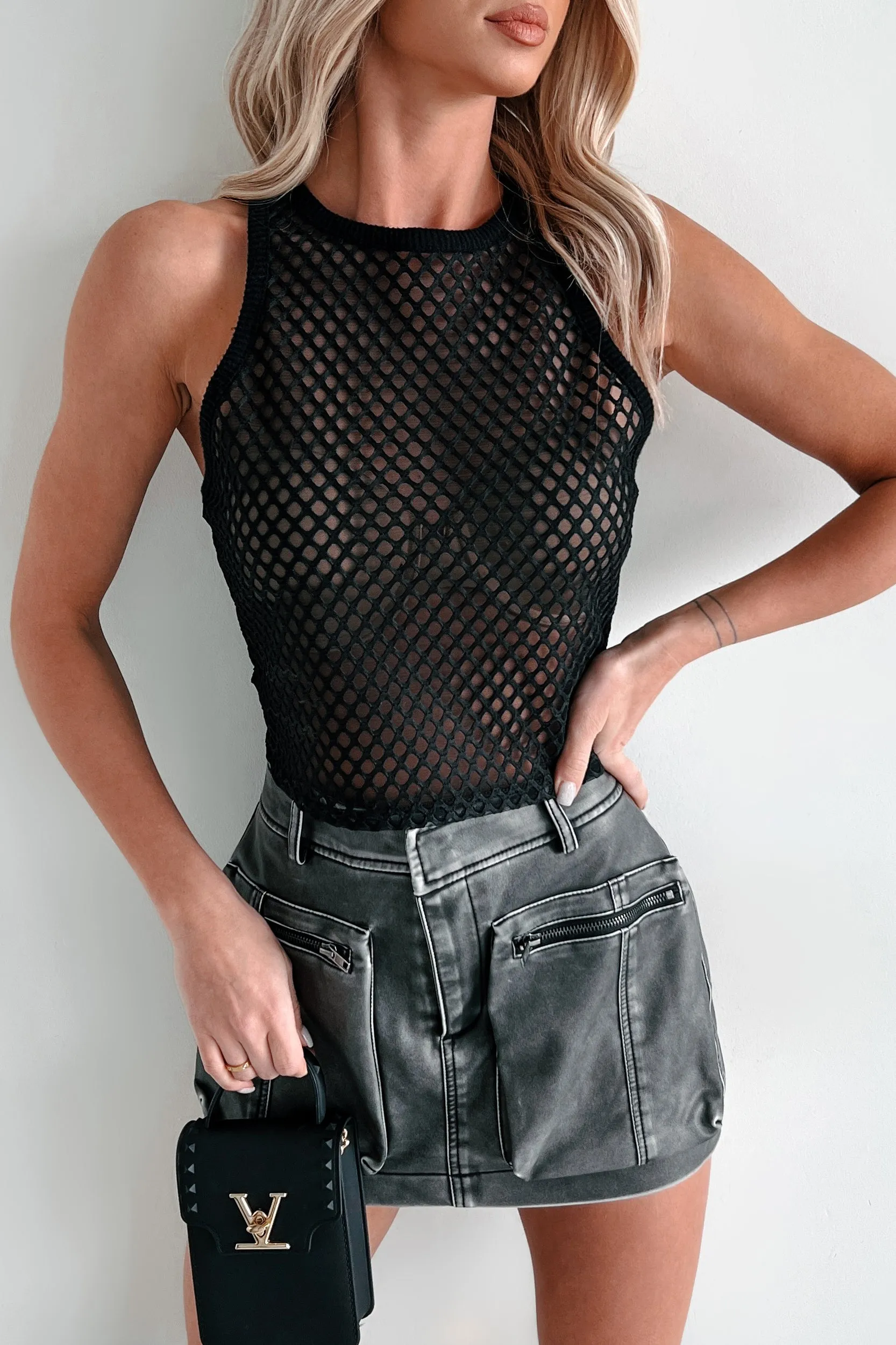 Boho Dreaming Lattice Mesh Crop Tank (Black) ElasticTrimming
