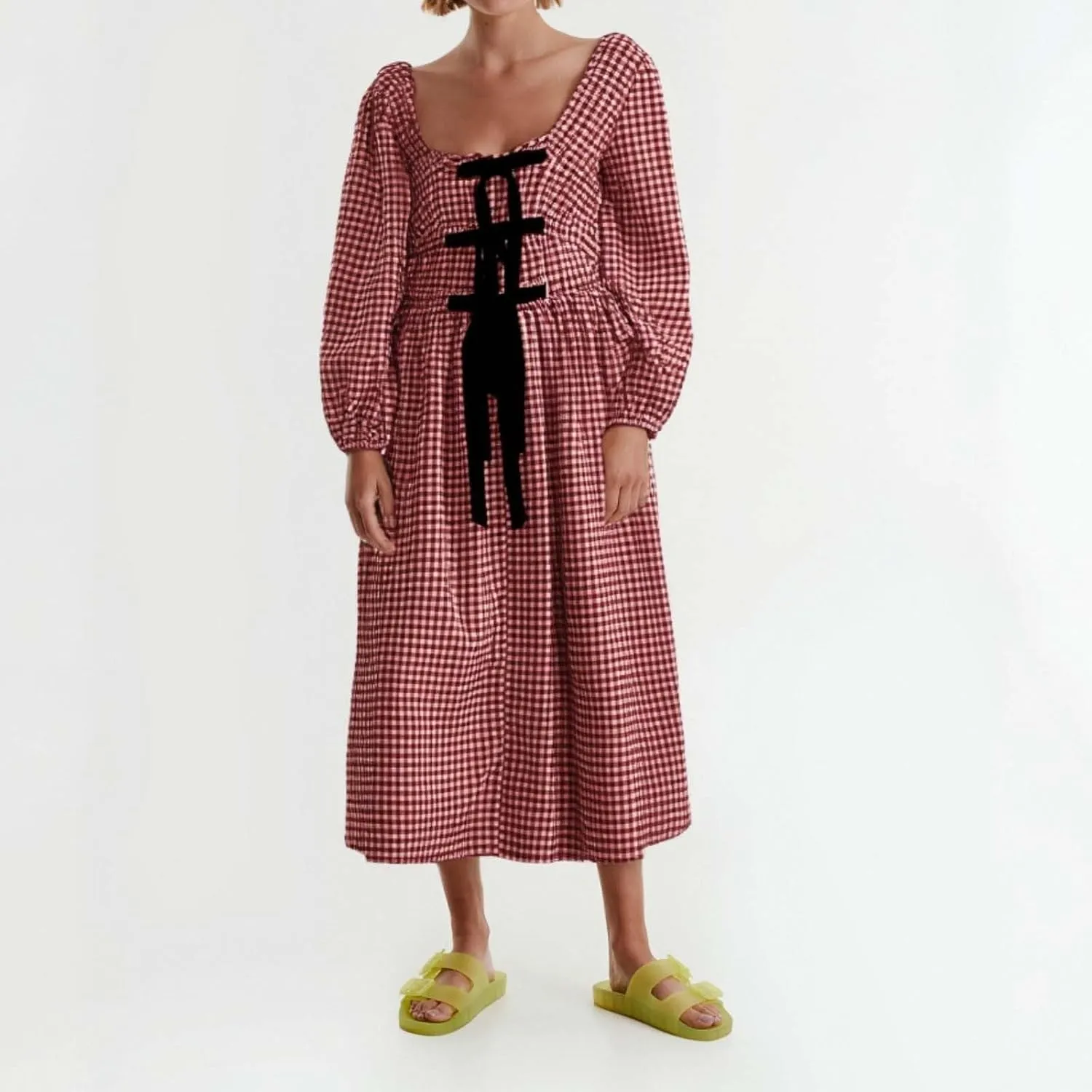 Boho Floral Dress for Women Western Bow Tie Scoop Neck Long Sleeve Long Beach Dress Spring Church Outfits for Women