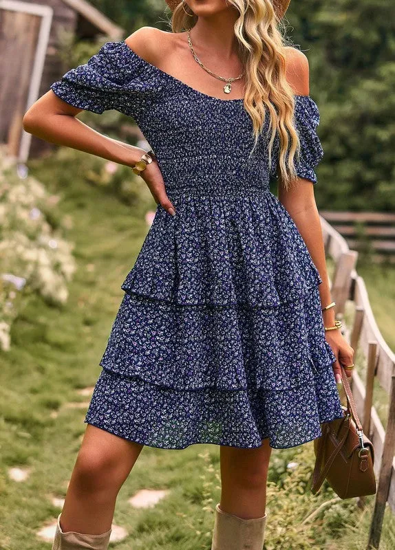 Boho Floral Yellow Square Neck Short Sleeve Dress