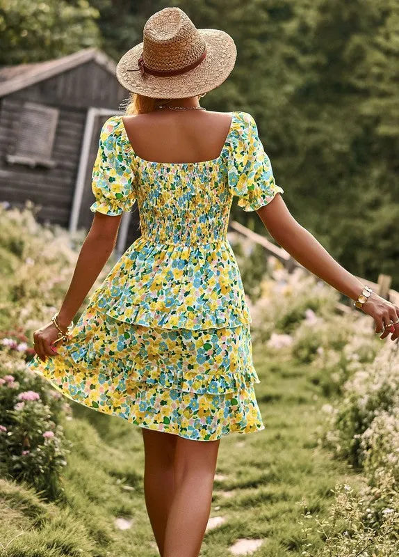 Boho Floral Yellow Square Neck Short Sleeve Dress