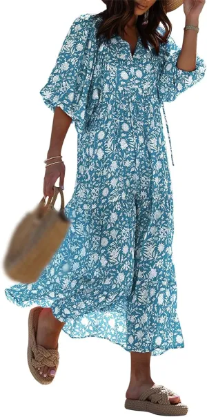 Boho Maxi Dresses for Women Summer Loose V Neck Puff Short Sleeve Dress Casual Flowy Floral Tiered Beach Sundress