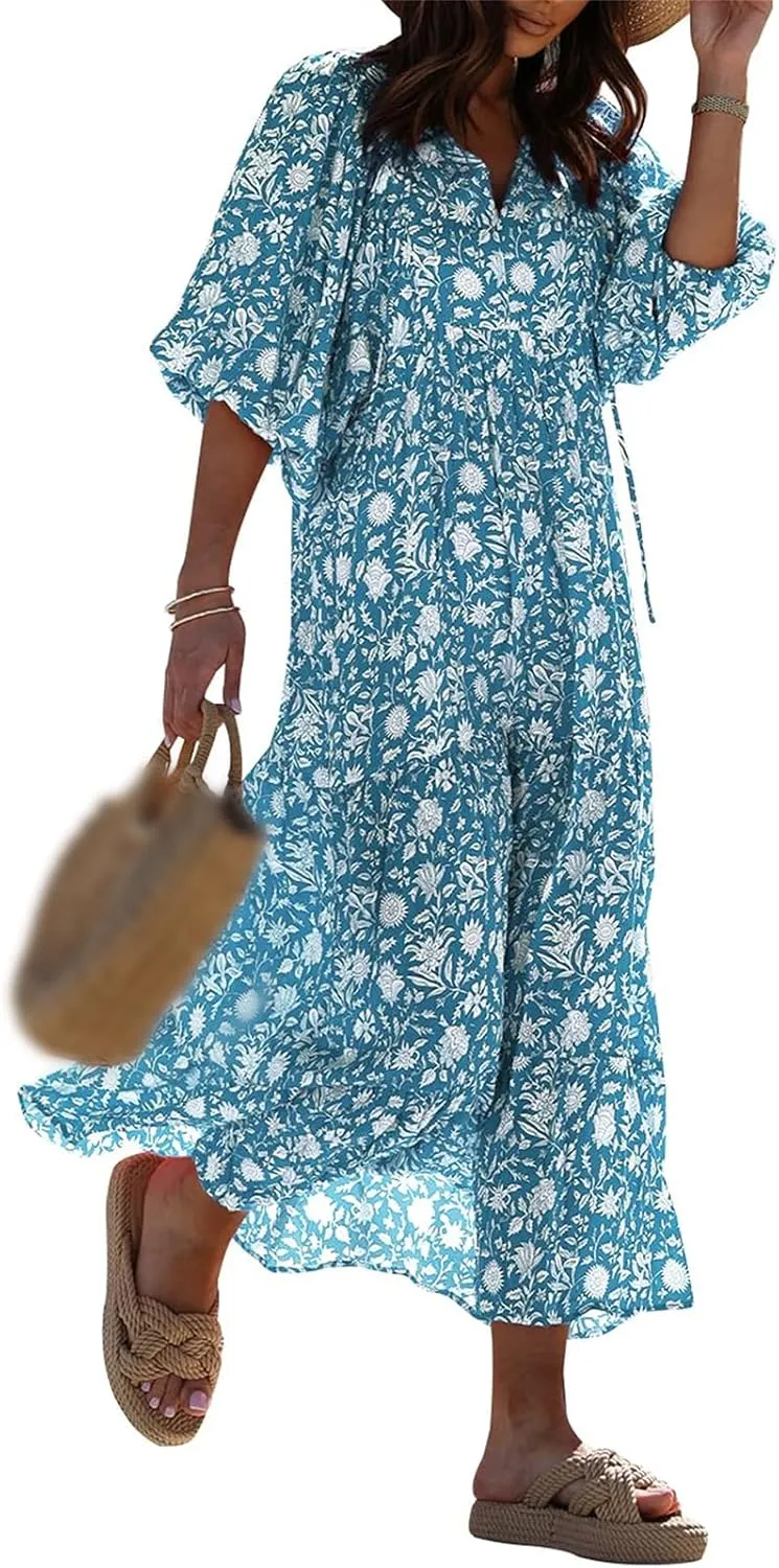 Boho Maxi Dresses for Women Summer Loose V Neck Puff Short Sleeve Dress Casual Flowy Floral Tiered Beach Sundress