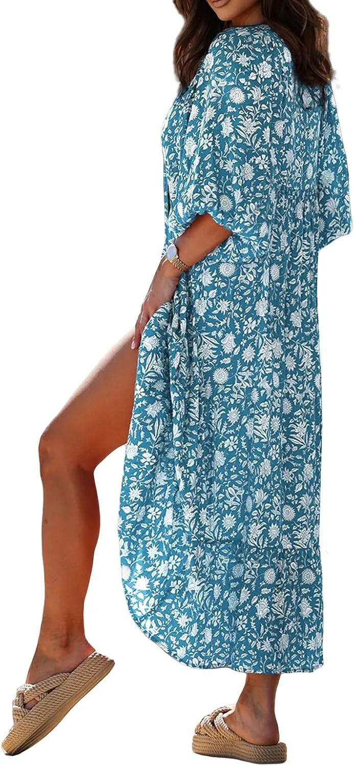 Boho Maxi Dresses for Women Summer Loose V Neck Puff Short Sleeve Dress Casual Flowy Floral Tiered Beach Sundress