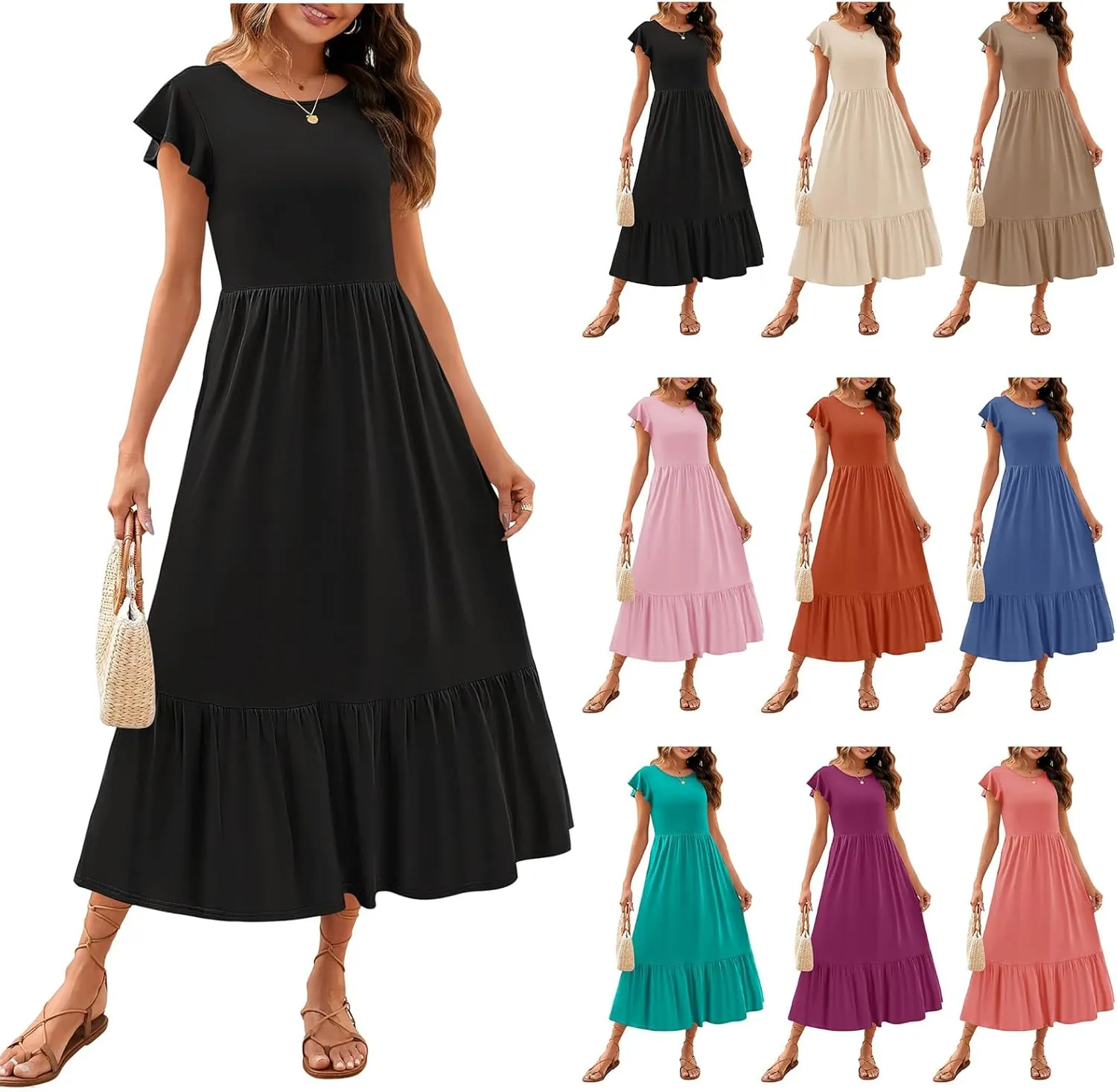 Boho Short Sleeve Dresse for Women Tiered Casual Flowy Long Maxi Dress Loose Fit Maxi Beach Sundress