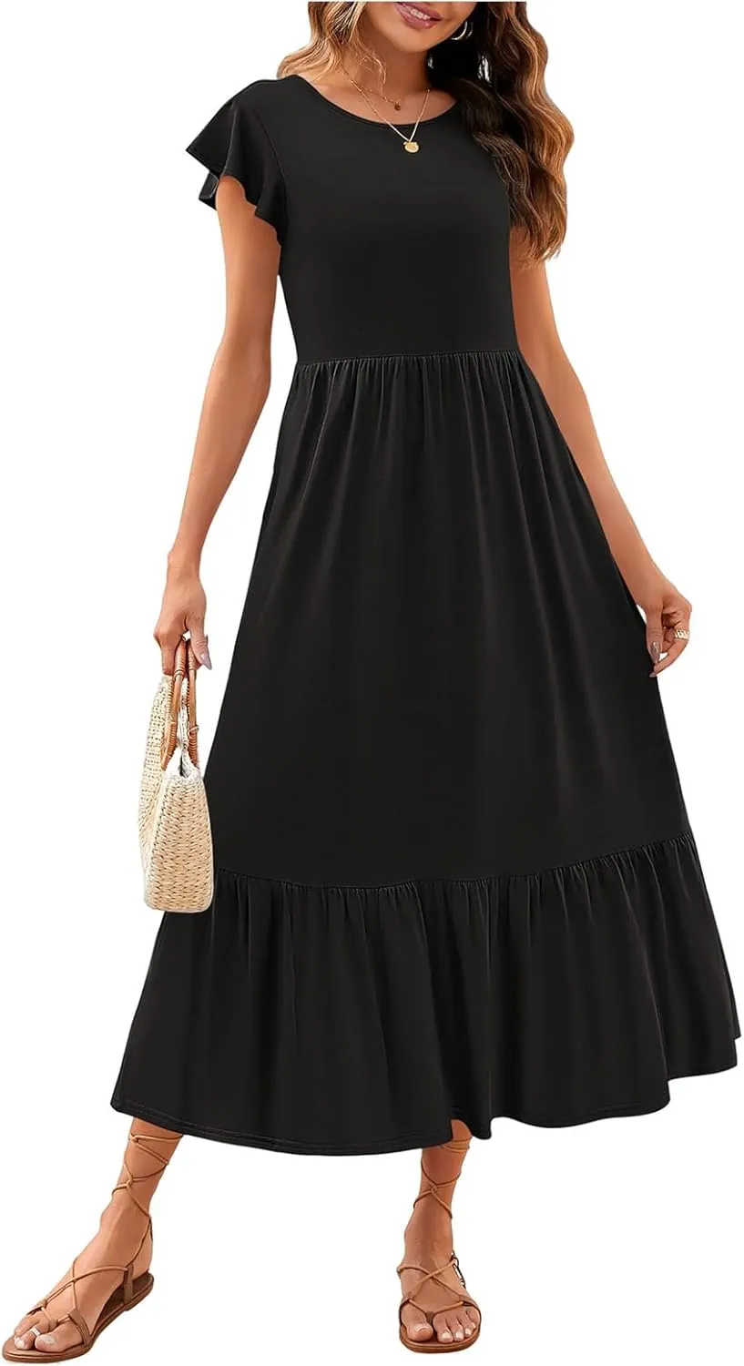 Boho Short Sleeve Dresse for Women Tiered Casual Flowy Long Maxi Dress Loose Fit Maxi Beach Sundress
