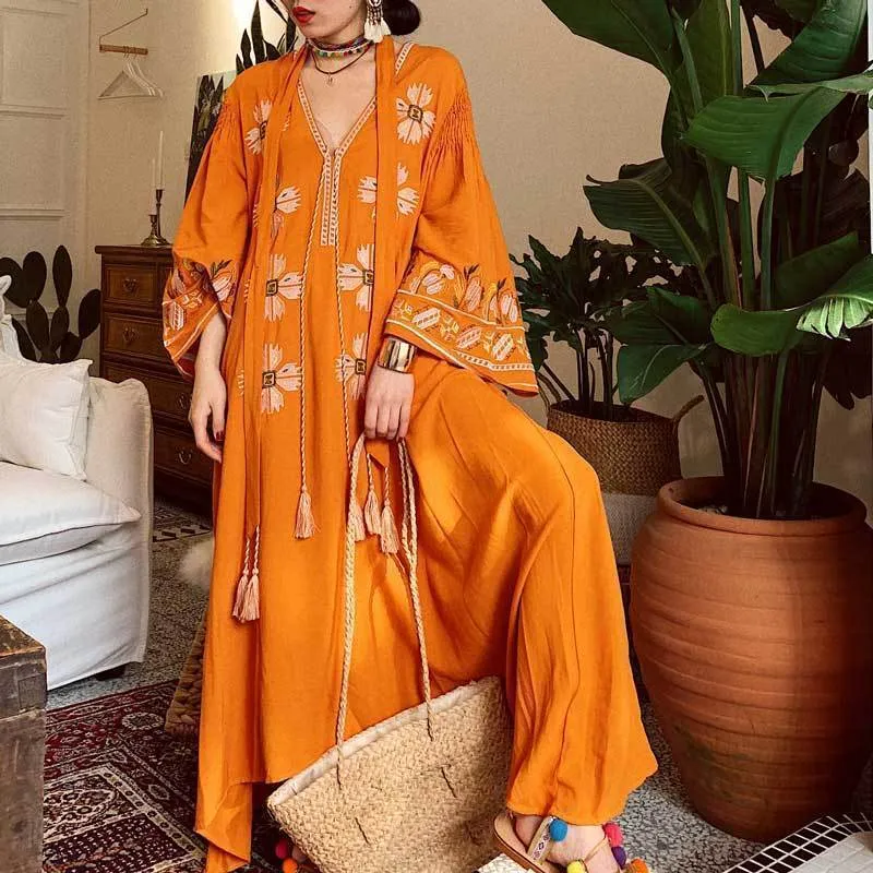 Boho Tassels Floral Embroidery V-neck Loose Long Dress