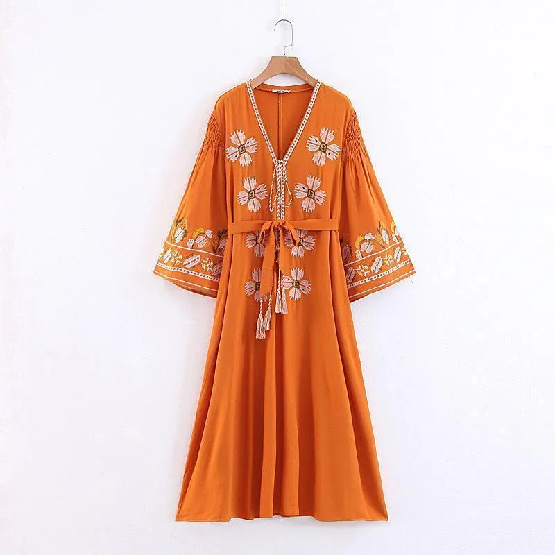 Boho Tassels Floral Embroidery V-neck Loose Long Dress