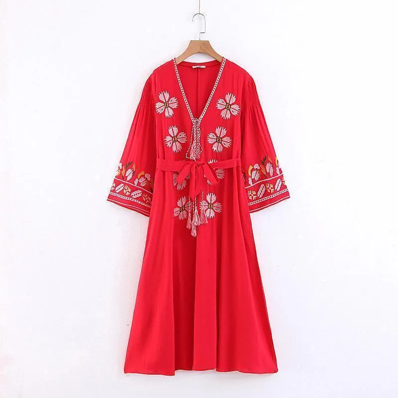 Boho Tassels Floral Embroidery V-neck Loose Long Dress