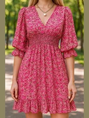 Boho Floral Print Midi Dress ??Short Sleeve Summer Tunic Shimmer-Finish
