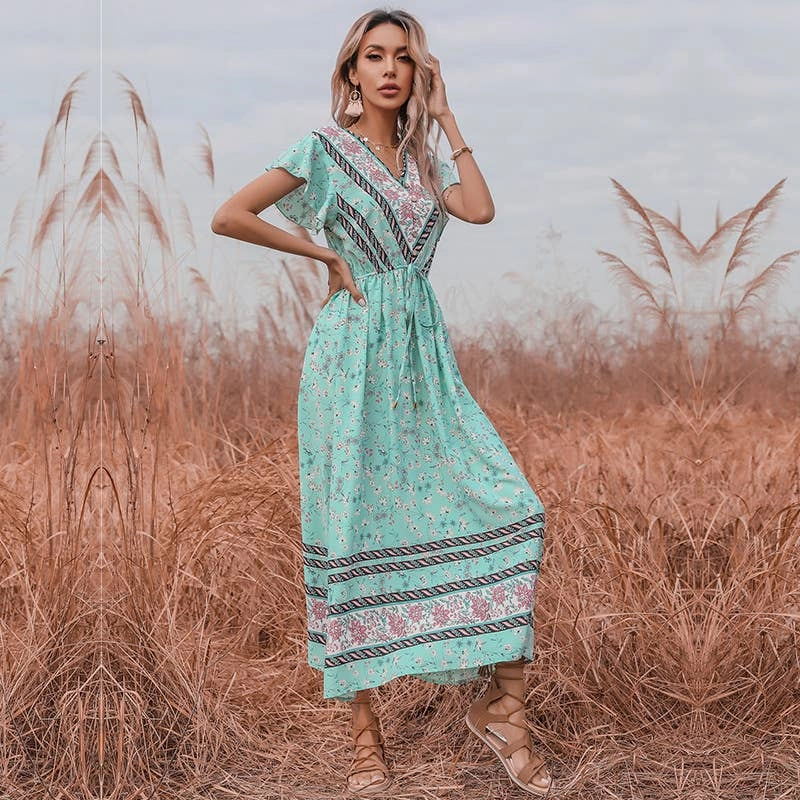 Smart Waist Design BOHO FROCK WITH RUFFLED SLEEVES_CWDMD1955