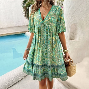 CASUAL HOLIDAY PRINT V-NECK DRESS_CWDSD3738 Tulle Air