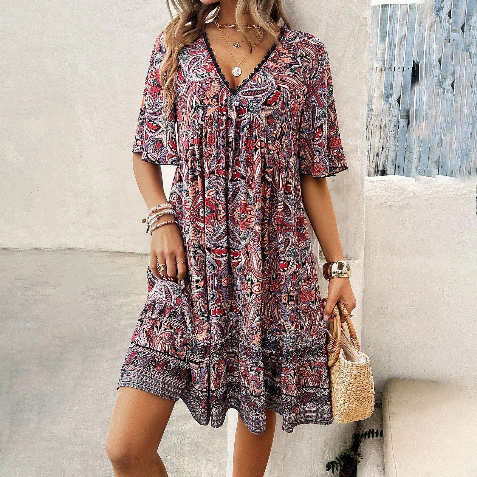 CASUAL HOLIDAY PRINT V-NECK DRESS_CWDSD3738 All Day skin friendly