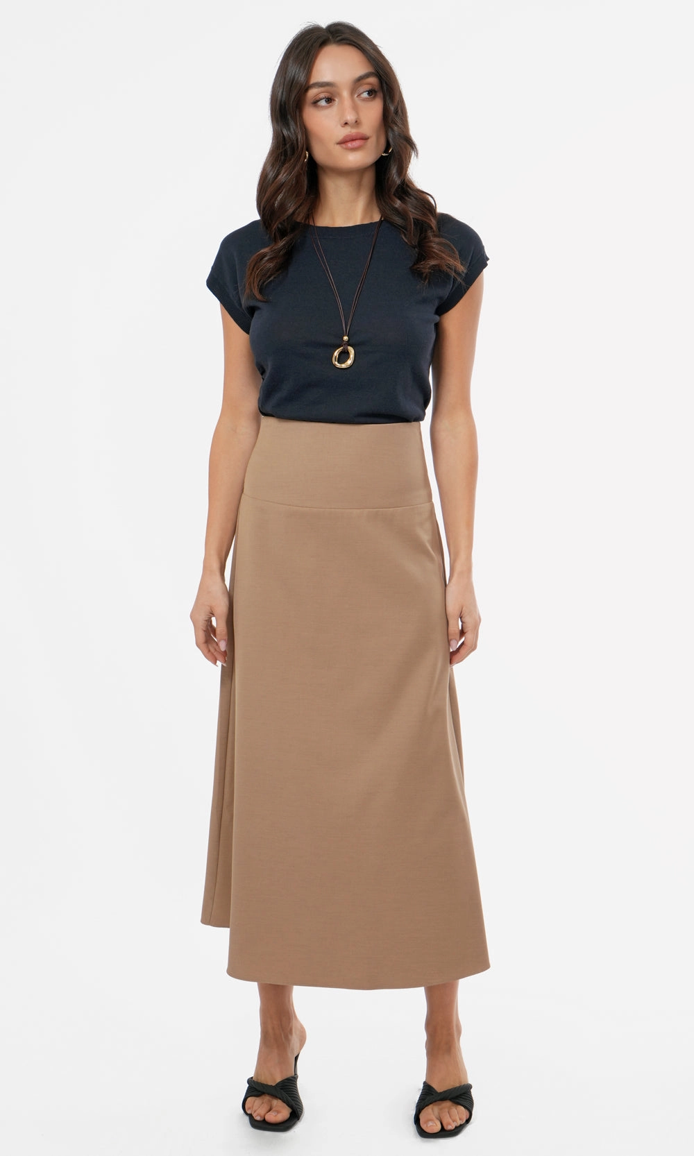 Dory Pull Over A line Midi Skirt in Sand Minimalist Layering