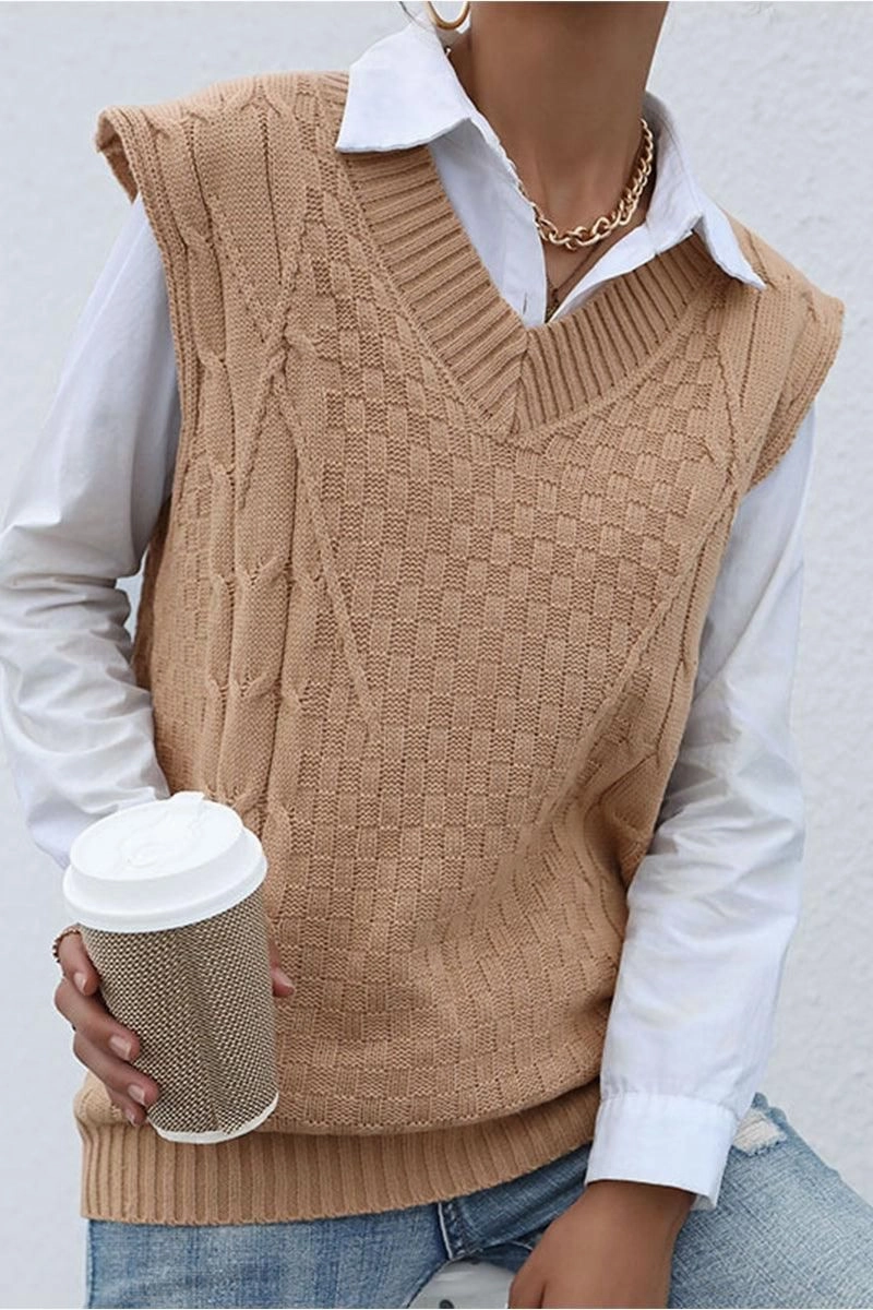 PATTERNED KNIT SLEEVELESS COZY SOLID CARDIGAN Reflective Trims RibbedTrim