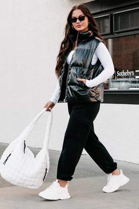 QuickDry Textile Drop Shoulder Cut Put You In Your Place Patent Leather Puffer Vest (Black)
