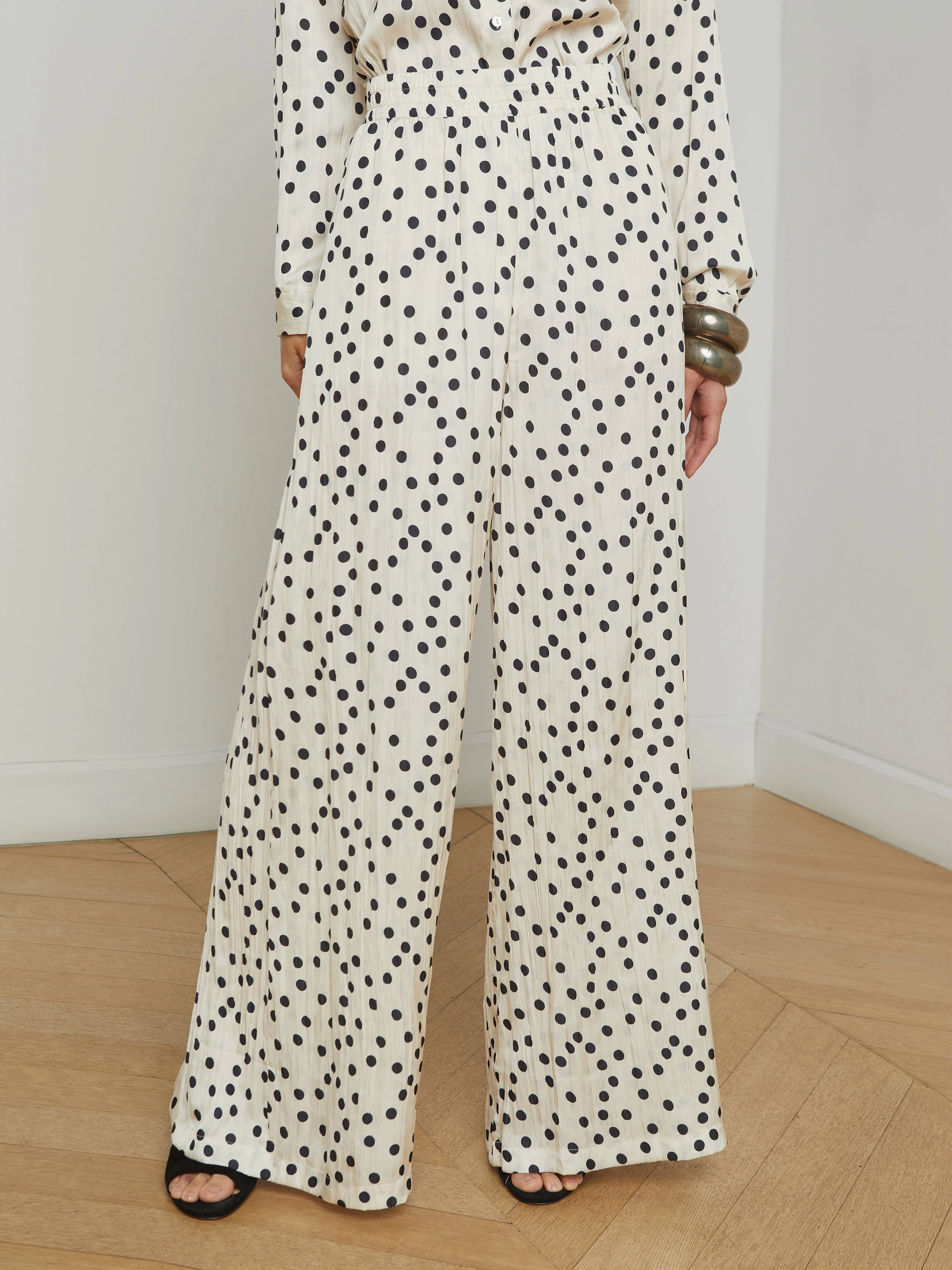 Lillian Wide Leg Pant Ecru/Black Polka Dot Shape Retention Effortless Look