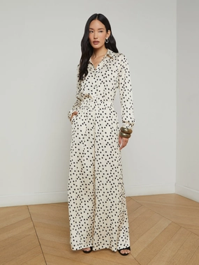 Flattering Cut Stretch Support Lillian Wide Leg Pant Ecru/Black Polka Dot