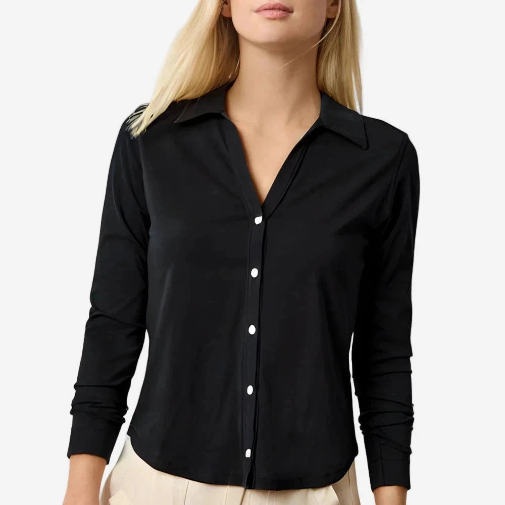 V-neck Blouse Breathable Microfiber Split Collar Button Down Black