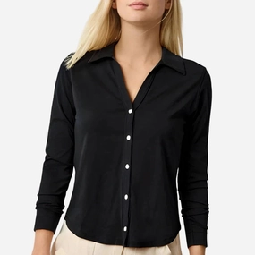 V-neck Blouse Breathable Microfiber Split Collar Button Down Black