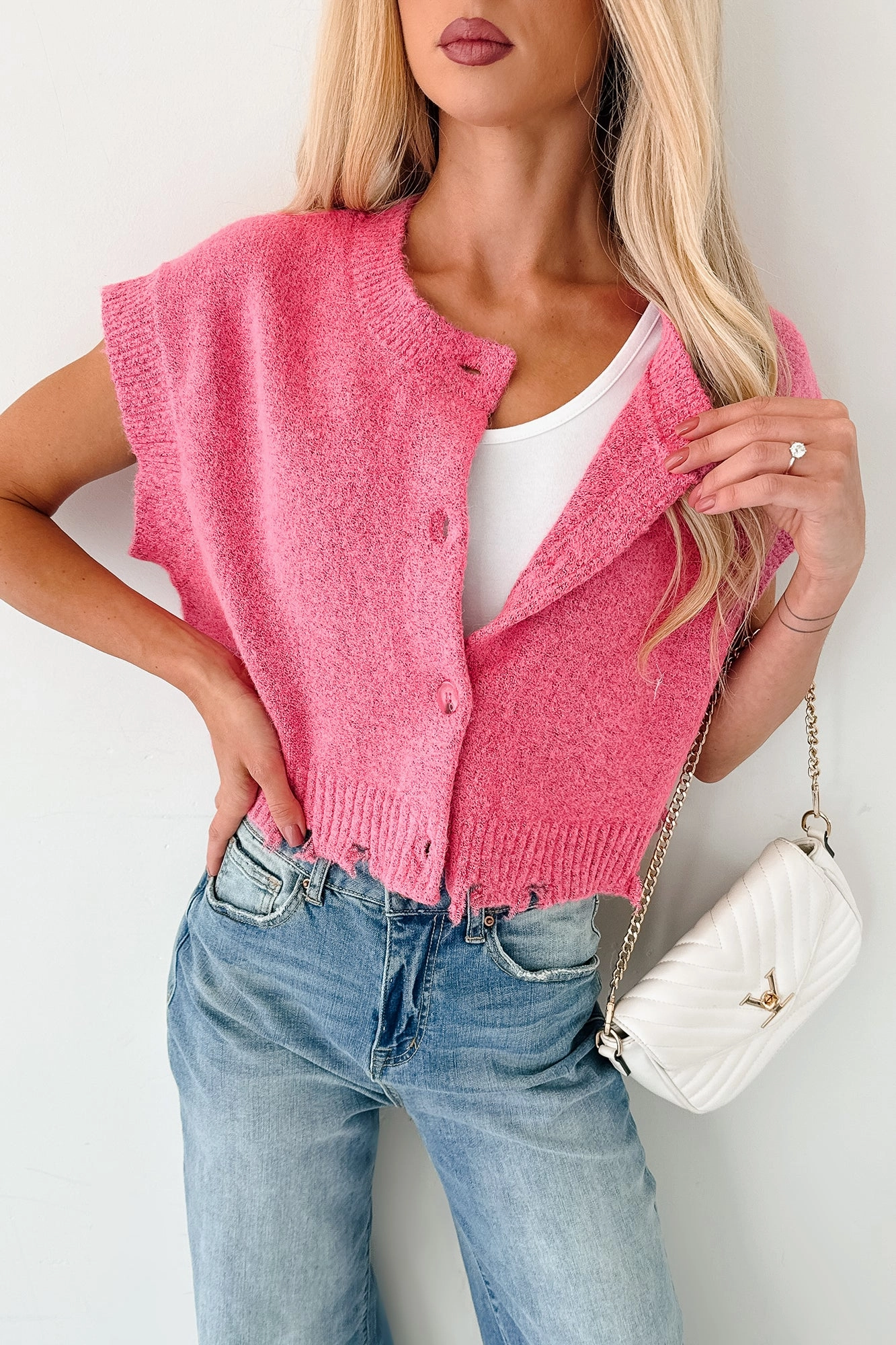 Undemanding Comfort Distressed Button-Up Sweater Vest (Pink) LightweightFabric Odor Resistant Fabric