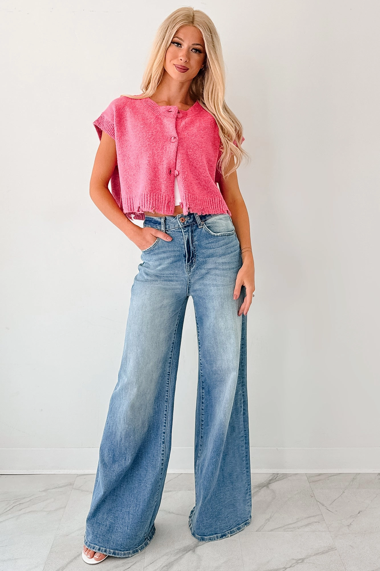 Undemanding Comfort Distressed Button-Up Sweater Vest (Pink) Fade Resistant Dye Light Reflective Printing