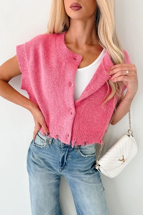Undemanding Comfort Distressed Button-Up Sweater Vest (Pink) UVProtective Coating