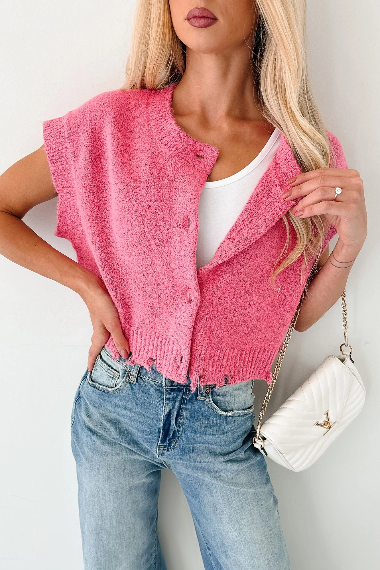 Undemanding Comfort Distressed Button-Up Sweater Vest (Pink) UVProtective Coating
