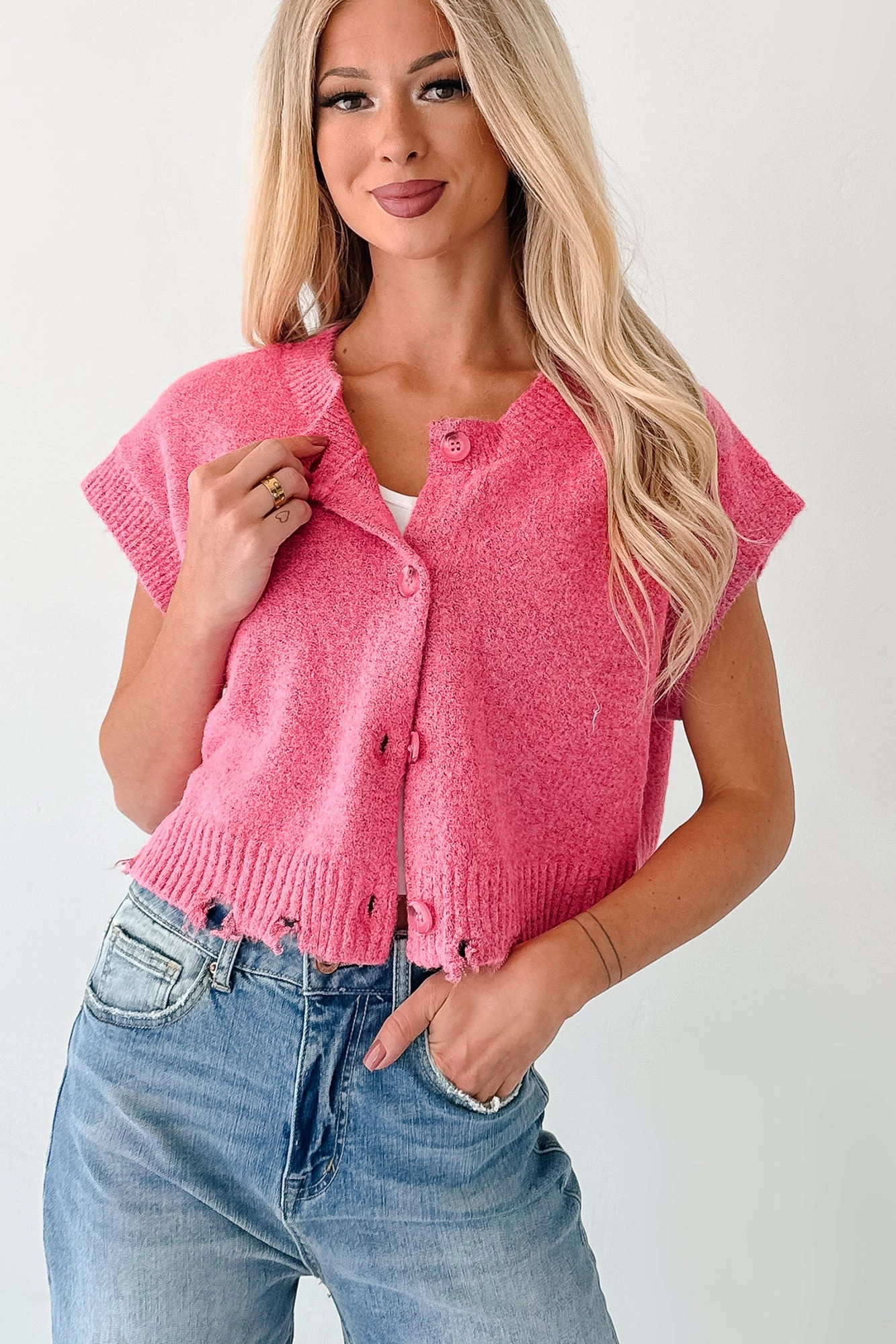 Organic Cotton Fiber Undemanding Comfort Distressed Button-Up Sweater Vest (Pink)