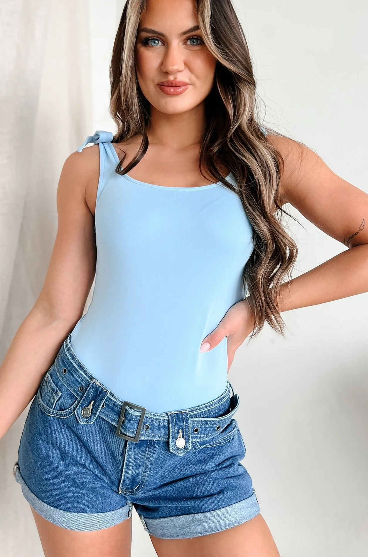 ribbed texture Born With Style Bow Detail Tank Bodysuit (Baby Blue)