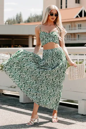 Stretch Knit Material slim fit Bouquet Of Bliss Paisley Print Skirt Set (Green)