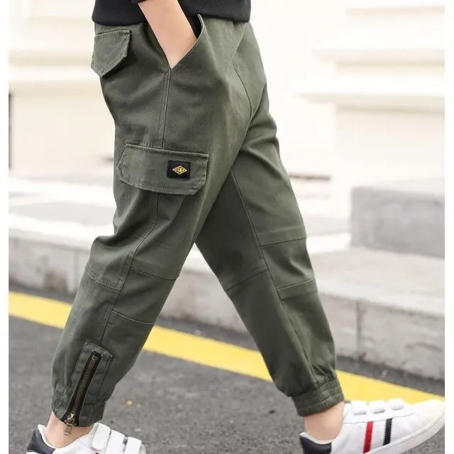 Boys Pants Cotton Cargo Pants Multi-Pocket Sweatpants