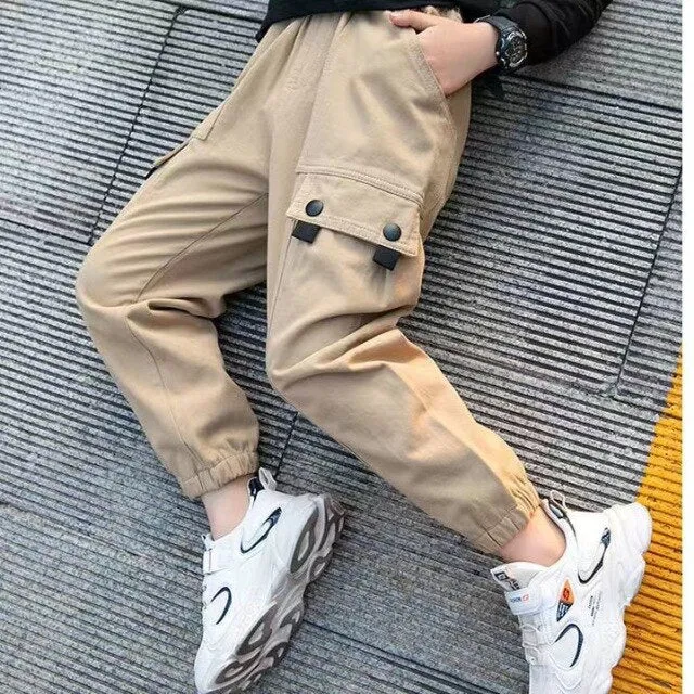 Boys Pants Cotton Cargo Pants Multi-Pocket Sweatpants